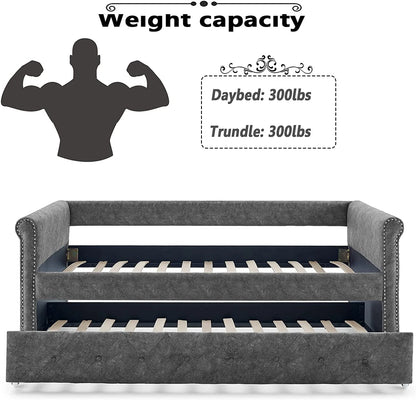 Daybed with Trundle, Muumblus Modren Kids Pull Out Sofa Bed for Bedroom & Living Room, Twin Size, Grey Linen Upholstered