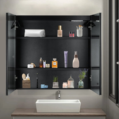 Ktaxon LED Lighted Medicine Cabinet with Mirror Bathroom Wall Cabinet w/ Defogger, Dimmable, Memory function, Outlets & USB, 32"x28", Black