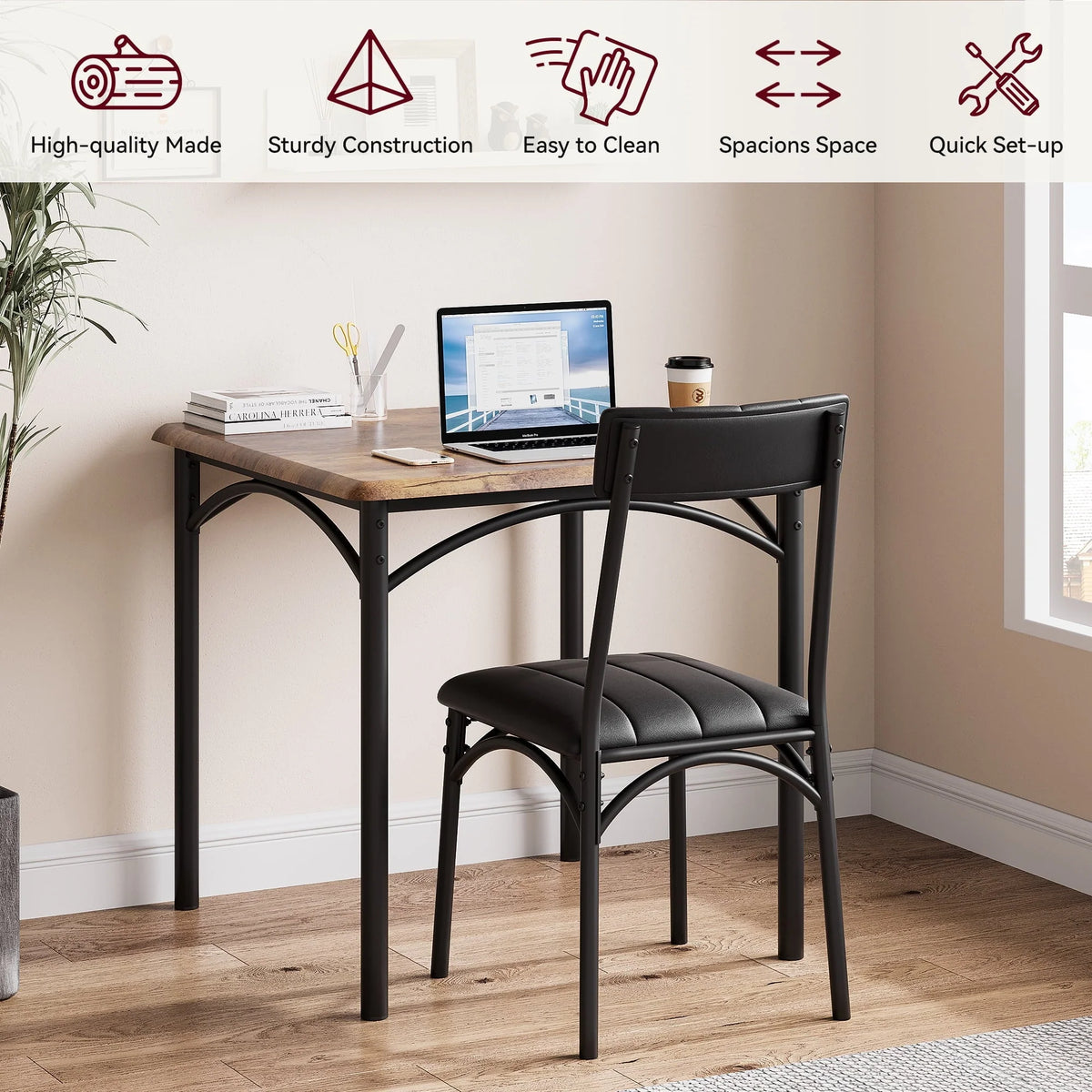 Yesfashion 3 Piece Dining Table Set, Kitchen Table and Chairs for 2, Metal and Wood Square Dining Room Table Set with 2 Upholstered Chairs