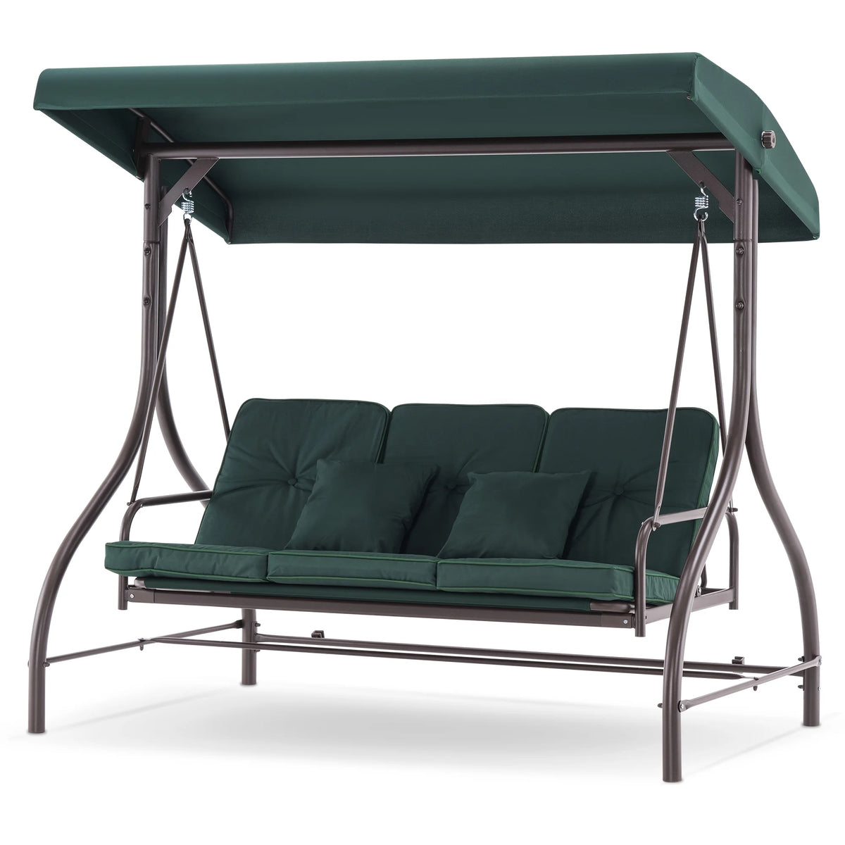MCombo 3-Seat Outdoor Patio Swing Chair Cushioned with Adjustable Backrest and Canopy, Pillow, Brown