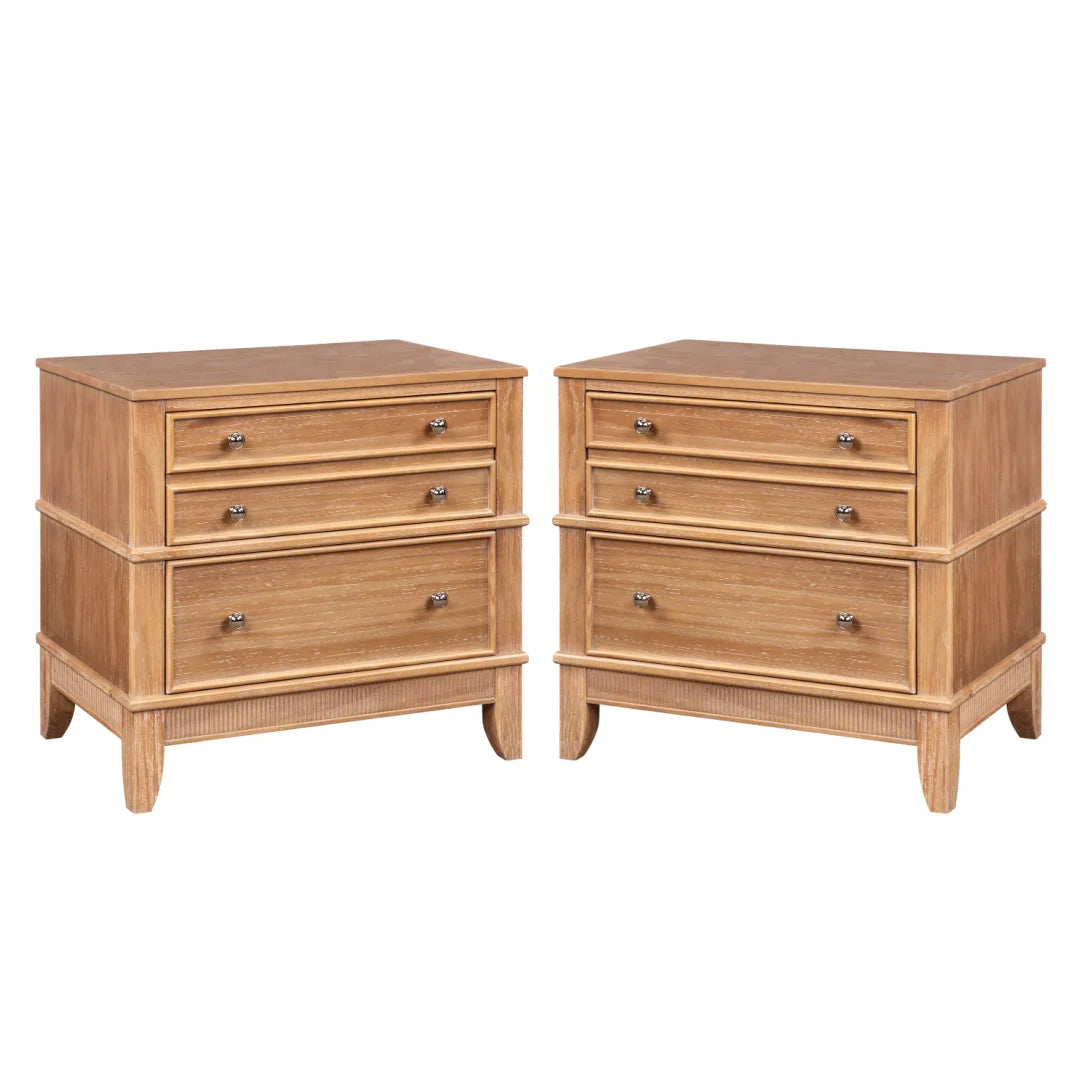 Tcbosik End Tables Set of 2, Bedside Table with 3 Storage Drawers, Night Stand for Small Space, Bedroom, Living Room, Natural