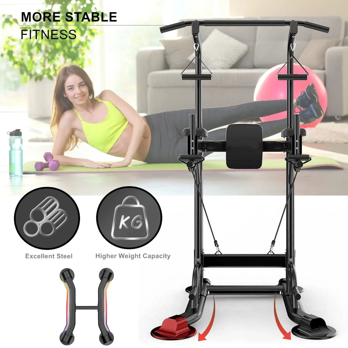 PROHIKER Power Tower Dip Station, Pull Up Bar Stand Power Rack with Backrest and Resistance Band, Height Adjustable Strength Training Equipment for Fitness Home Workout, Black