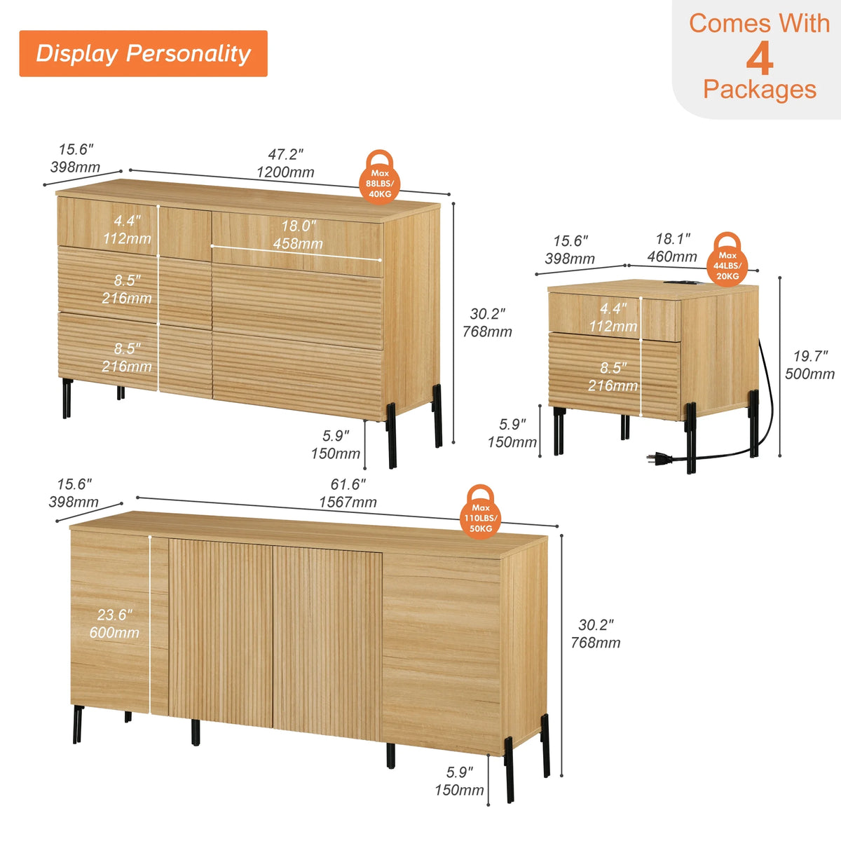 4 Pcs Bedroom Set,6 Drawer Dresser And Nightstand Sets For Bedroom,Night Stand Set Of 2, Modern Accent Cabinet With Hidden Handles, Reed Pattern & Double Chopsticks Legs