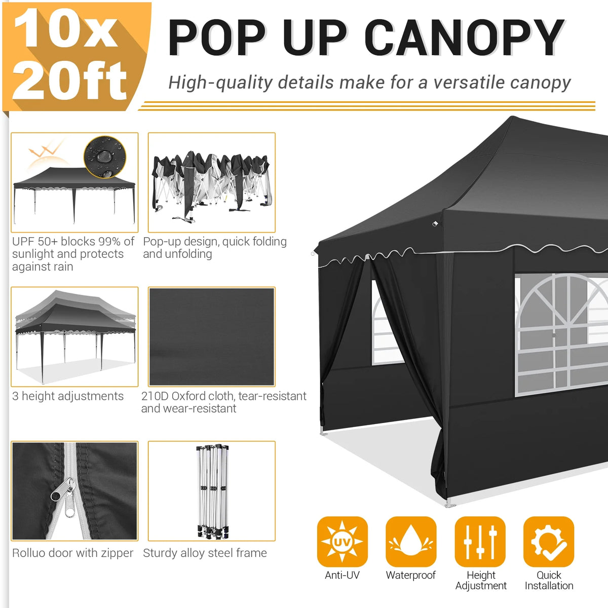 SANOPY 10' x 20' Pop up Canopy Party Tent with 6 Removable Sidewalls, Wave Eave Outdoor Waterproof Patio Gazebo Tent with Carry Bag, Backyards Camping Picnics, Black