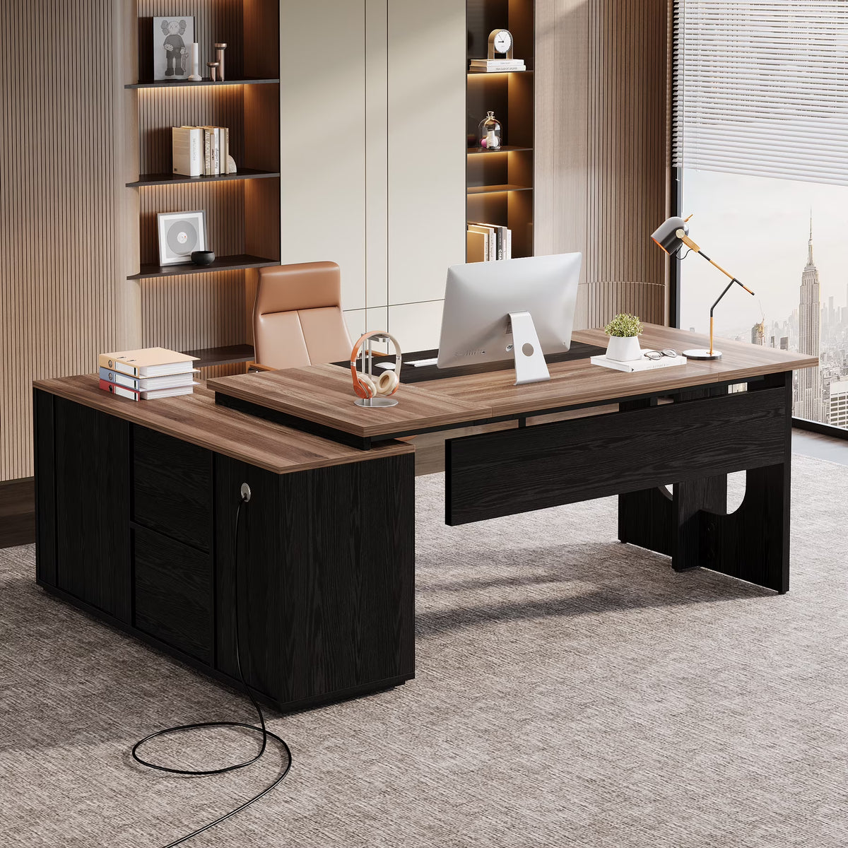 Tribesigns 74.8" Executive Desk, Large L Shaped Computer Desk Office Desk with Cabinet, White and Wood