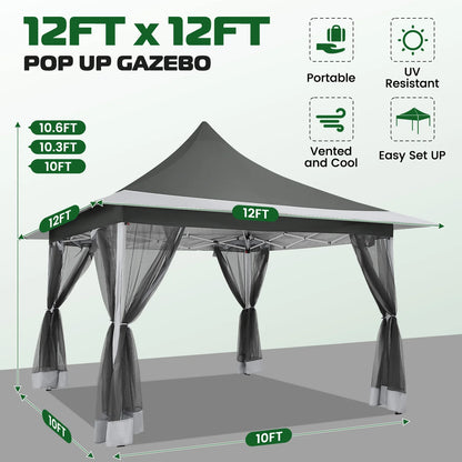 COBIZI 12x12 Outdoor Gazebo Pop Up Gazebo Canopy with Mosquito Netting Patio Tent Backyard Canopy with 2-Tiered Vented Top 3 Adjustable Height, Beige