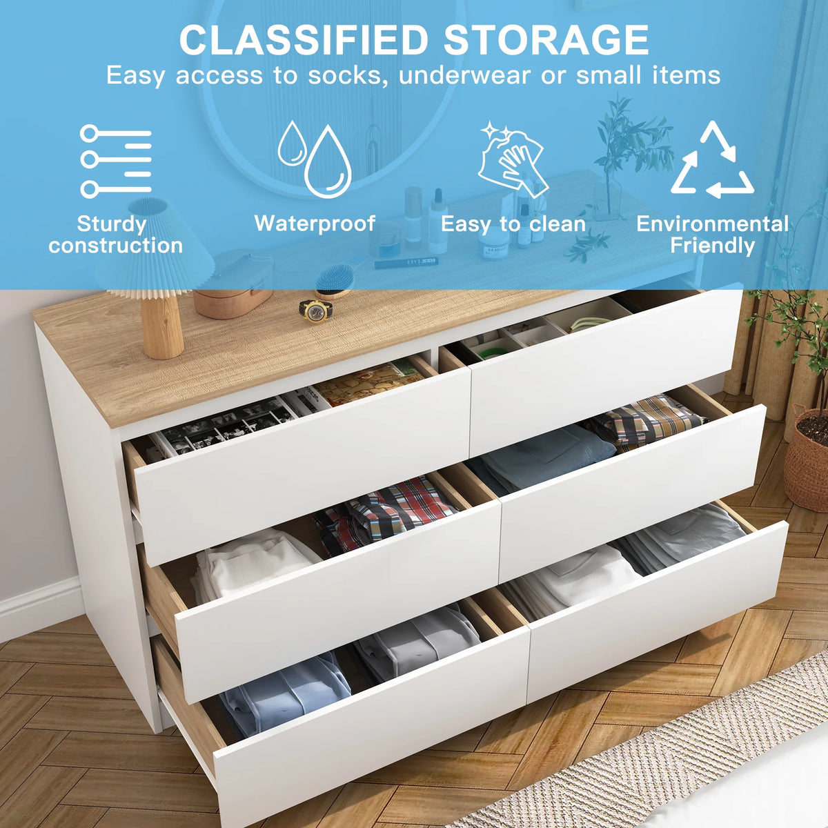 Kadyn White Chest of Drawer, 6 Double Drawer Dresser for Bedroom, Modern Storage Cabinet for Living Room, Dresser