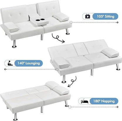 Convertible Folding Futon Sofa Bed Sleeper Couch for Living Room, Modern Faux Leather Upholstered Loveseat w/Removable Armrests, Metal Legs, 2 Cup Holders, Love Seat Sofa Bed for Small Spaces (Brown)