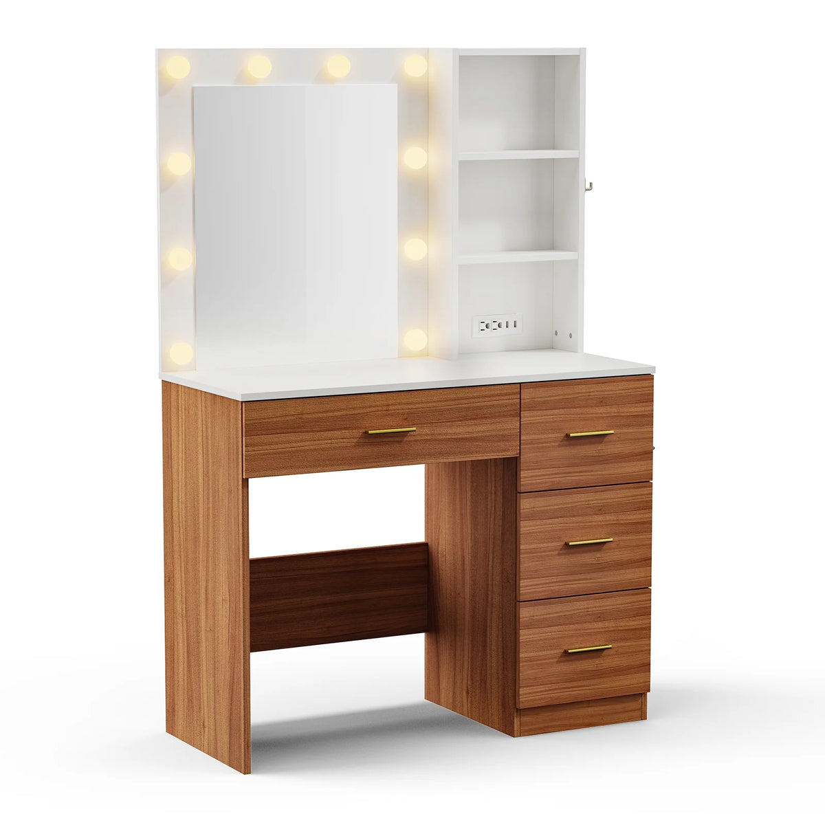 Makeup Vanity with Mirror and 3 Color Lights,Vanity Dressing Table with USB Charging Station,4 Drawers,Open Storage Shelves,White