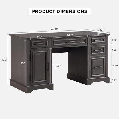 T4TREAM Farmhouse Wood 58" Executive Desk, Home Office 30" High Computer Desk with Drawers and Storage Cabinet, White