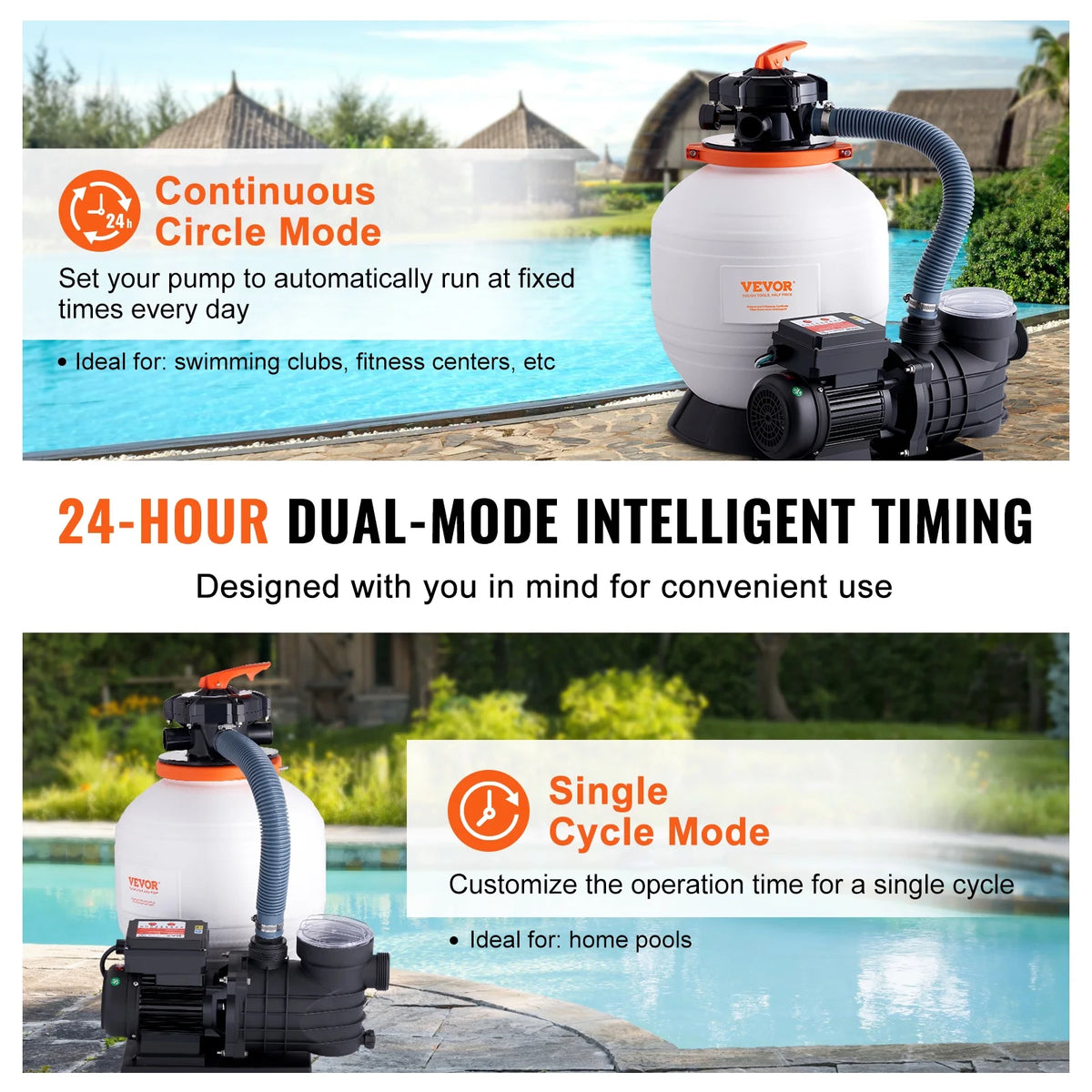VEVOR Sand Filter Pump for Above Ground Pools,14-inch, 3000 GPH, 3/4 HP Swimming Pool Pumps System & Filters Combo Set with 6-Way Multi-Port Valve & Strainer Basket,for Domestic and Commercial Pools