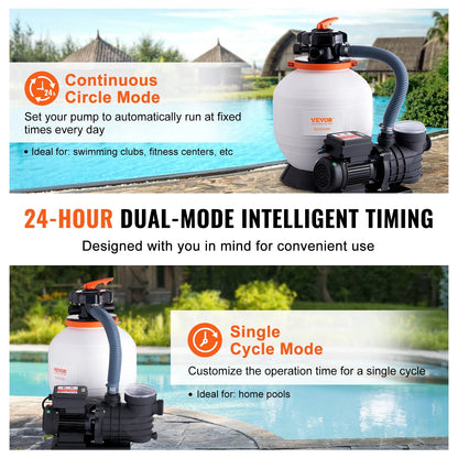VEVOR Sand Filter Pump for Above Ground Pools,14-inch, 3000 GPH, 3/4 HP Swimming Pool Pumps System & Filters Combo Set with 6-Way Multi-Port Valve & Strainer Basket,for Domestic and Commercial Pools