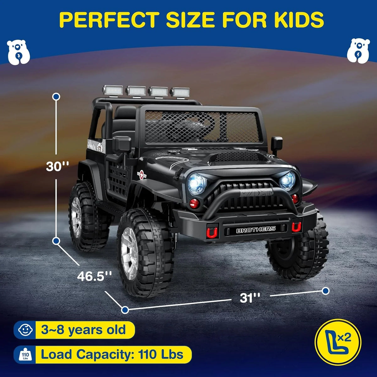 L8 Ride On Car, 2 Seater, 12V Kids Electric Car w/Remote Control, 4-Wheel Suspension, Bluetooth Speaker, Multi Music Modes, 3 Speeds, LED Lights, Xmas & Birthday Gift Ideas for Kids Ages 3+
