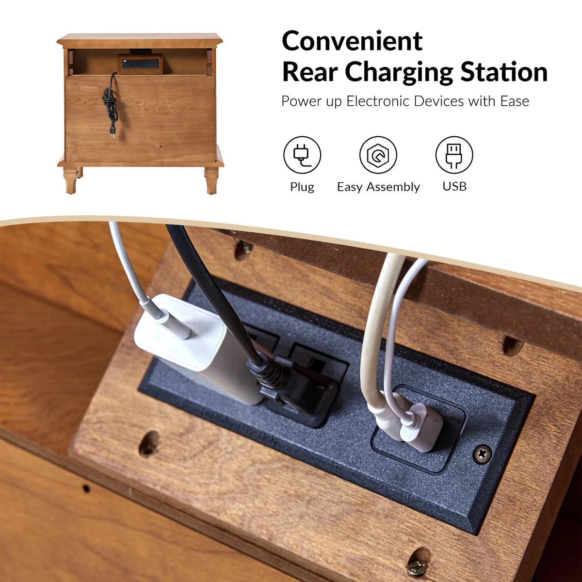 Farmhouse 3 Drawers Nightstand with Tray Bedside Table with Charging Station Acorn