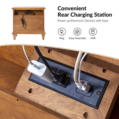 Farmhouse 3 Drawers Nightstand with Tray Bedside Table with Charging Station Acorn