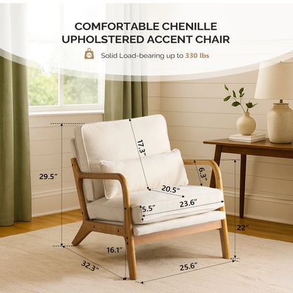 Ktaxon Accent Chair Corduroy Upholstered Armchair, Reading Club Chair with Pillow and Solid Wood Frame for Living Room Bedroom Furniture Off White