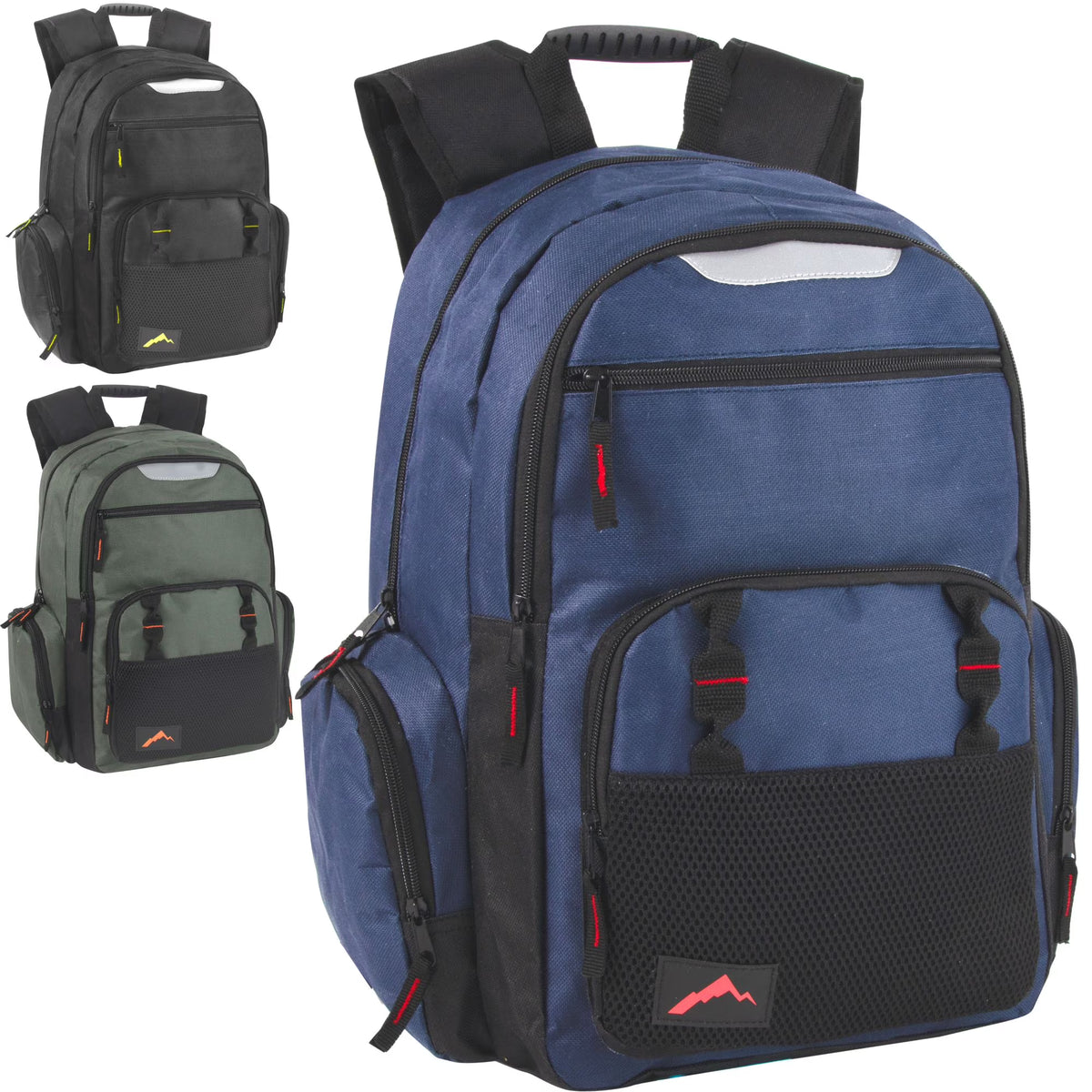 24 Pack of Bulk Wholesale Heavy Duty, Reflective, Dual Compartment, Multi-Pocket, Laptop Backpacks for Work, School, College, Classrooms, Charity and Homeless Donation in Male Colors Pack