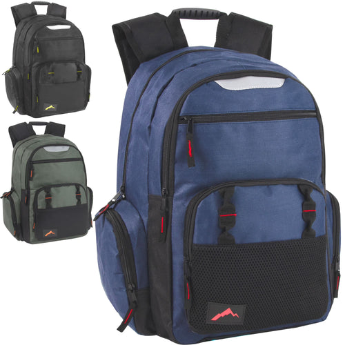 24 Pack of Bulk Wholesale Heavy Duty, Reflective, Dual Compartment, Multi-Pocket, Laptop Backpacks for Work, School, College, Classrooms, Charity and Homeless Donation in Male Colors Pack