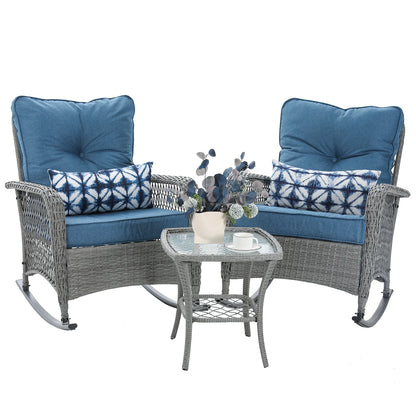 ELPOSUN 3-Piece Outdoor Rocking Chairs, Wicker Patio Furniture with Thickened Cushions and Table for Porch
