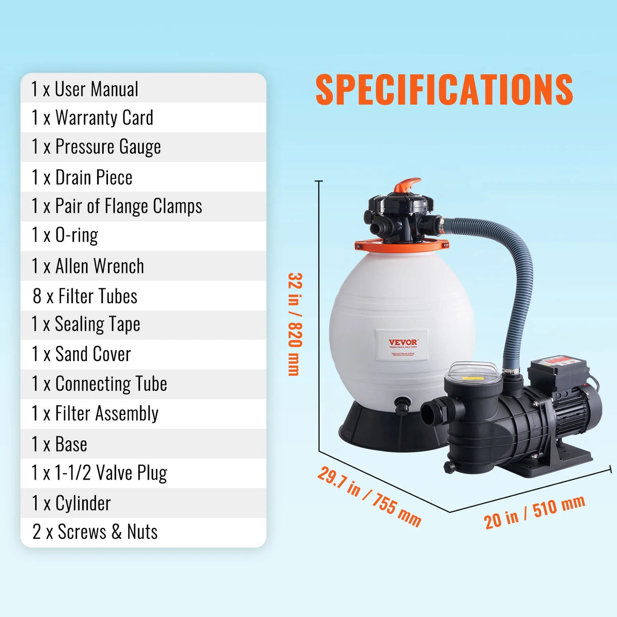 VEVOR Sand Filter Pump for Above Ground Pools, 16-inch, 3500 GPH,1 HP Swimming Pool Pumps System & Filters Combo Set with 6-Way Multi-Port Valve and Strainer Basket,for Domestic and Commercial Pools