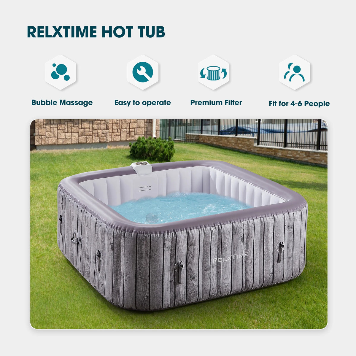 RELXTIME Inflatable Hot Tub 4 to 6 Person 73 Inch Outdoor Square Portable Home Spa with 130 Soothing AirJets,Spa Cover
