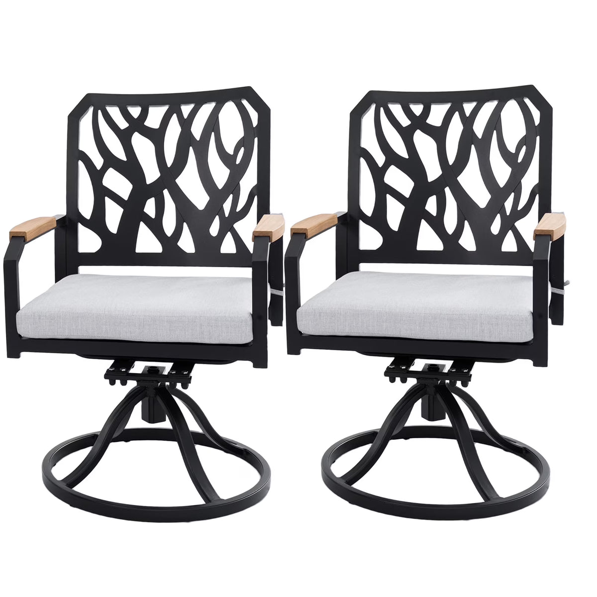 Outdoor Patio K/D Aluminum Stationary Dining Chairs 2PCS with Outdoor-grade Sunbrella Fabric Cushions, Branch-Like Backrest ,FSC-Certified Wood Armrests, Bourbon Brown