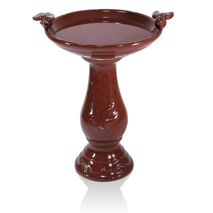 Alpine Corporation Ceramic Pedestal Birdbath with 2 Bird Figurines, Deep Red
