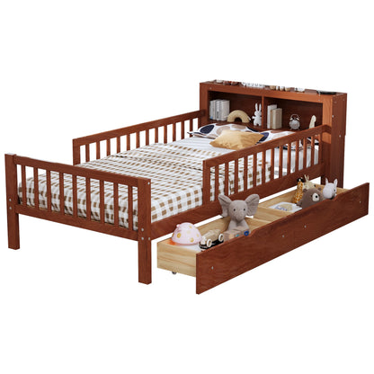 Euroco Wood Twin Size Platform Bed with Storage Headboard and Drawers, Low Profile Bed with Guardrails for Kids and Toddlers, White