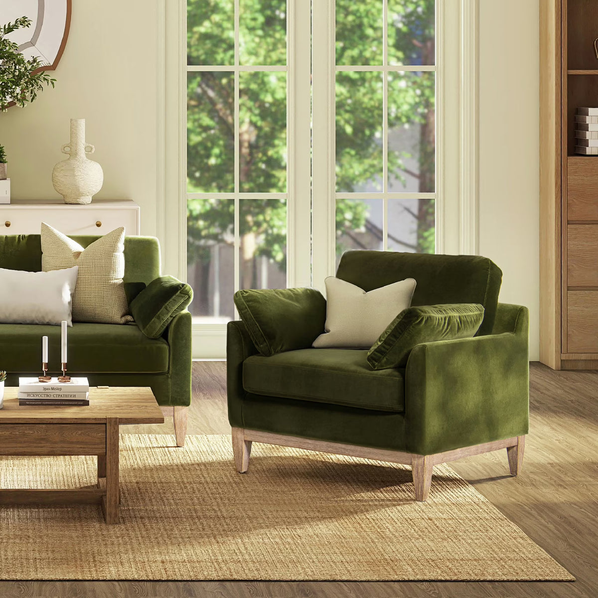 Velvet Sofa Couch, Mid Century Modern 75.5 inch 3-Seater Sofa with Back Cushions and 2 Bolster Pillows, for Small Space,Bedroom, Apartment, Olive Green