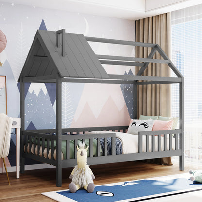 Euroco Twin Size Platform Bed, House Bed with Fence for Kids, Gray