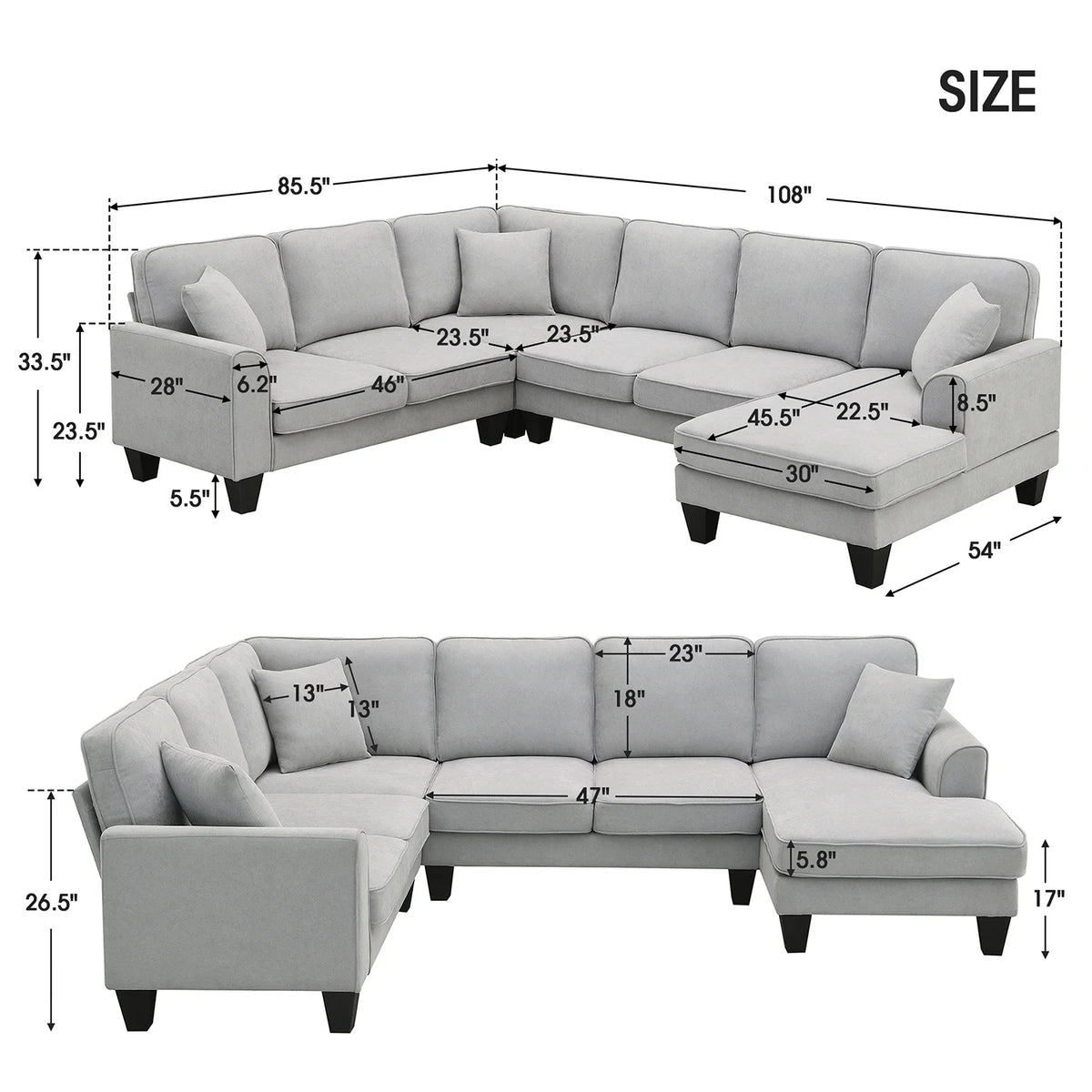 Harper & Bright Designs Modular Sectional Sofa with Ottoman Couch L Shape Corner Sofa Sets 7 Seats Fabric Couch for Living Room, Black, 112 * 87 inch