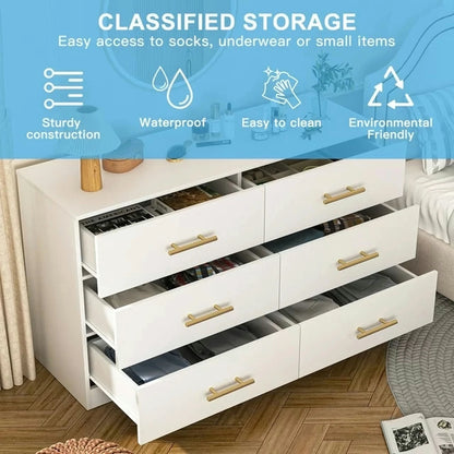 Kadyn White Chest of Drawer, 6 Double Drawer Dresser for Bedroom, Modern Storage Cabinet for Living Room, Dresser