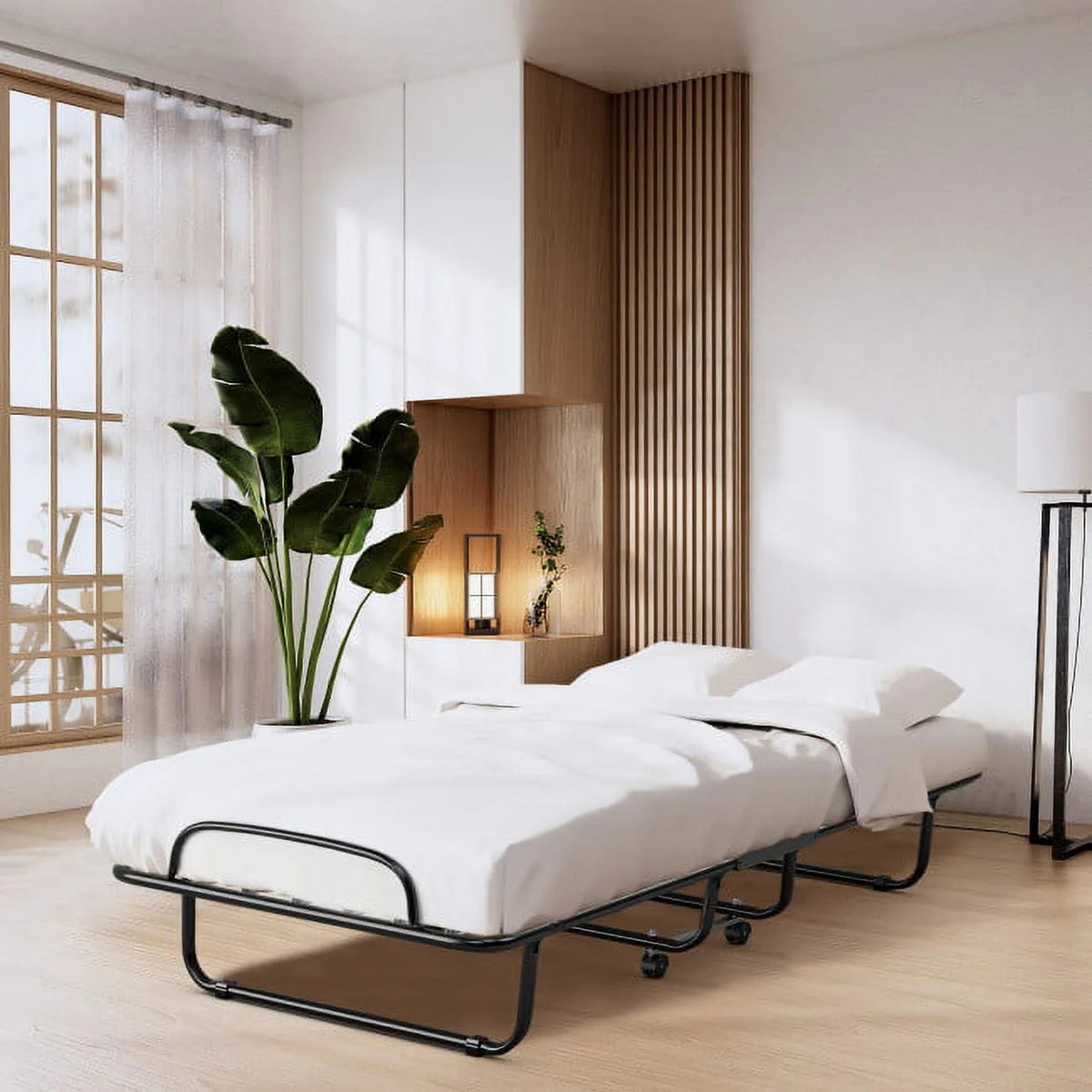 75" x 31" x 13" Folding Bed with Mattress, Rollaway Bed Metal Frame on Wheels, Portable Foldable Guest Bed for Adults, Cot Size Fold up Bed with Memory Foam Mattress