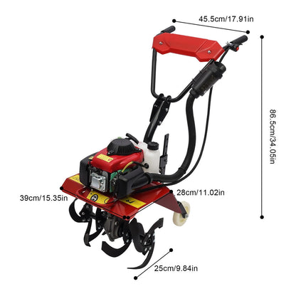 63cc Air-Cooled Gas Power Garden Tiller Cultivator Equipment 4-Stroke Portable Gas Tiller Yard Plant Farm Tilling Tool 1600W 9000RPM