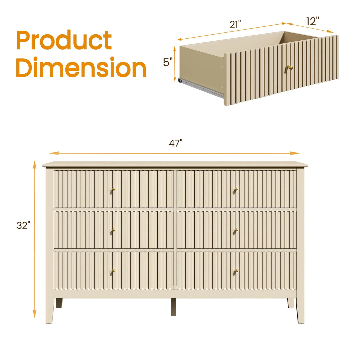 Heynemo Beige 6 Drawer Dresser, Fluted Modern Wood Chest