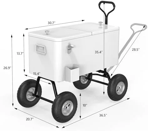 80 Quart Wagon Rolling Cooler Ice Chest, /Long Handle and 10" Wheels, Portable Beach Patio Party Bar Cold Drink Beverage, Outdoor Park Cart on Wheels