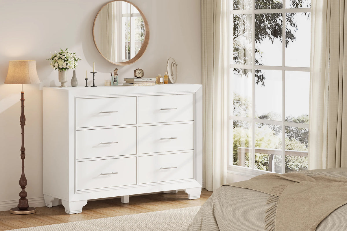 Homhougo White Dresser for Bedroom 6 Drawer, Wood Organizer Storage Cabinet with Gray Strip Drawer Door, Chest of Drawers for Closet, Living Room, Hallway, Nursery, Kids Bedroom