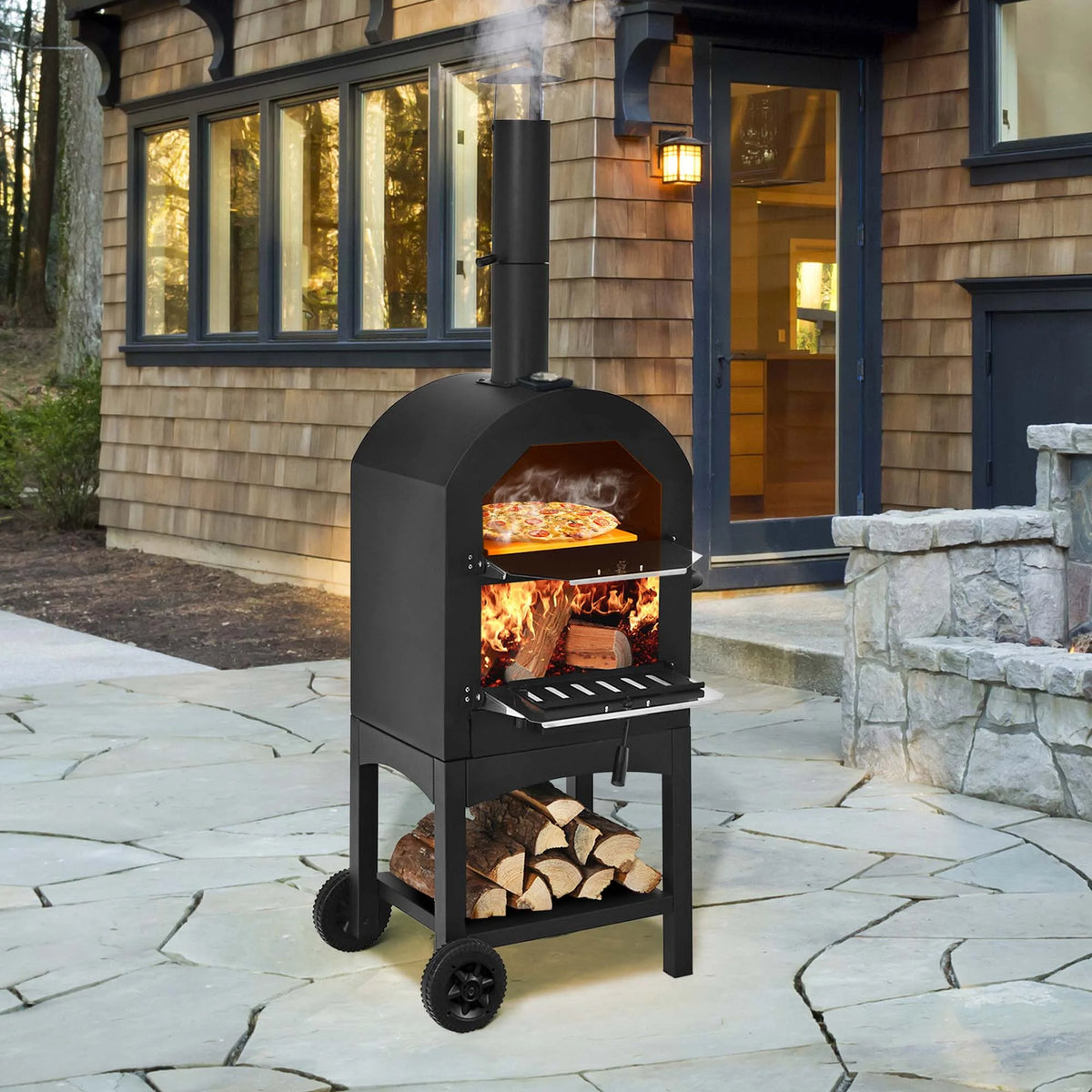 Costway Outdoor Pizza Oven Wood Fire Pizza Maker Grill w/ Pizza Stone & Waterproof Cover