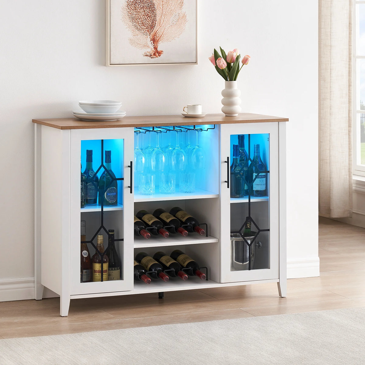 Faitaliicy Wine Bar Cabinet With Led Light Wine And Glass Rack Kitchen Buffet Sideboard Industry Coffee Bar Cabinet Freestanding Liquor Cabinet For Kitchen Dining Room Living Room
