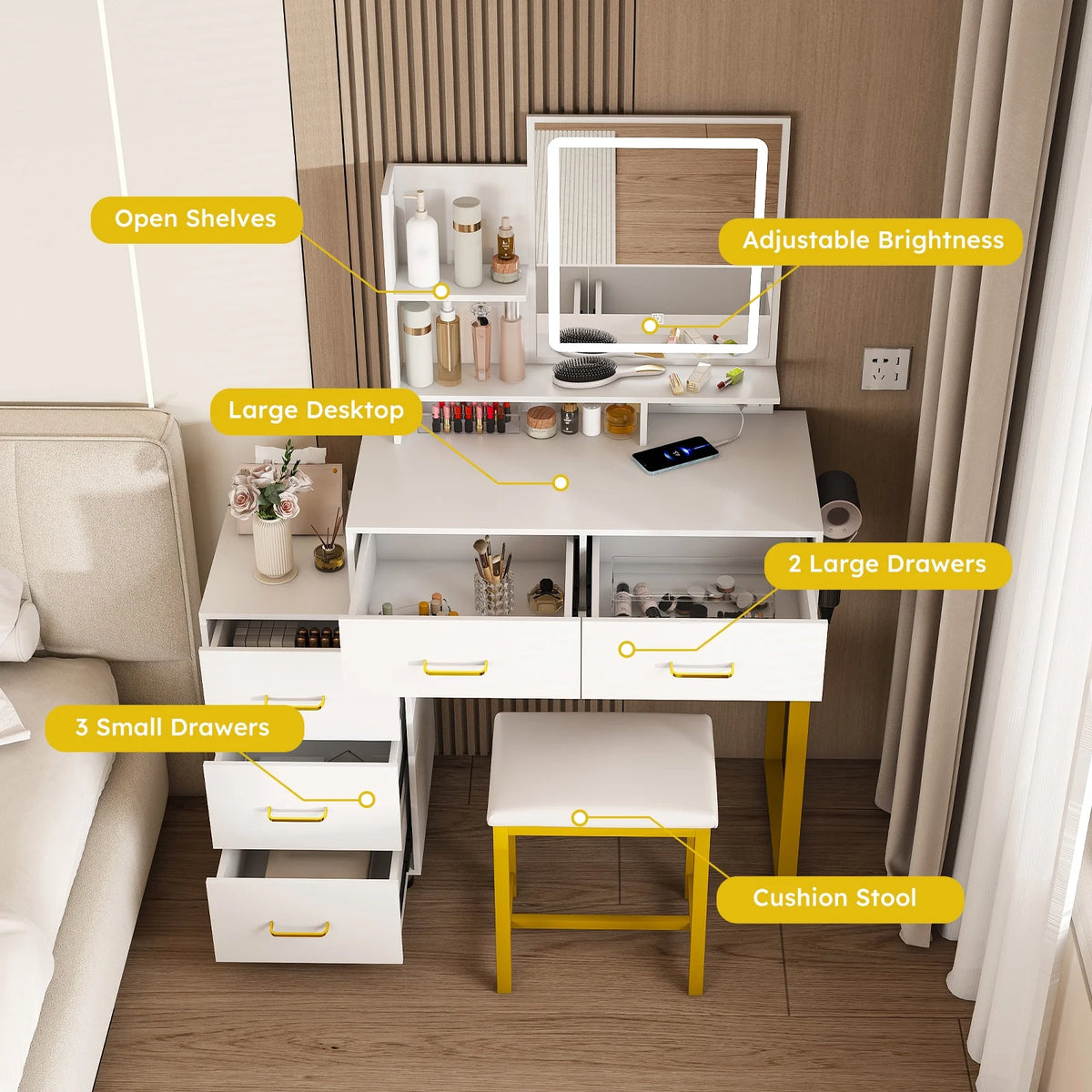 Montary Modern Mini Vanity w/Adjustable LED Mirror + Hidden Storage, Padded Stool & Dustproof Shelves (White)