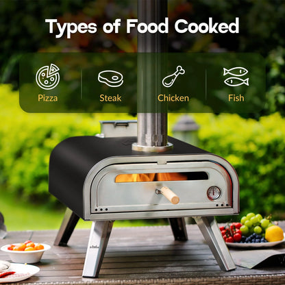 BIG HORN OUTDOORS 16 Inch Pellet Pizza Oven Outdoor, Wood Pellet Pizza Stove with Pizza Stone for Backyard, Camping, Silver