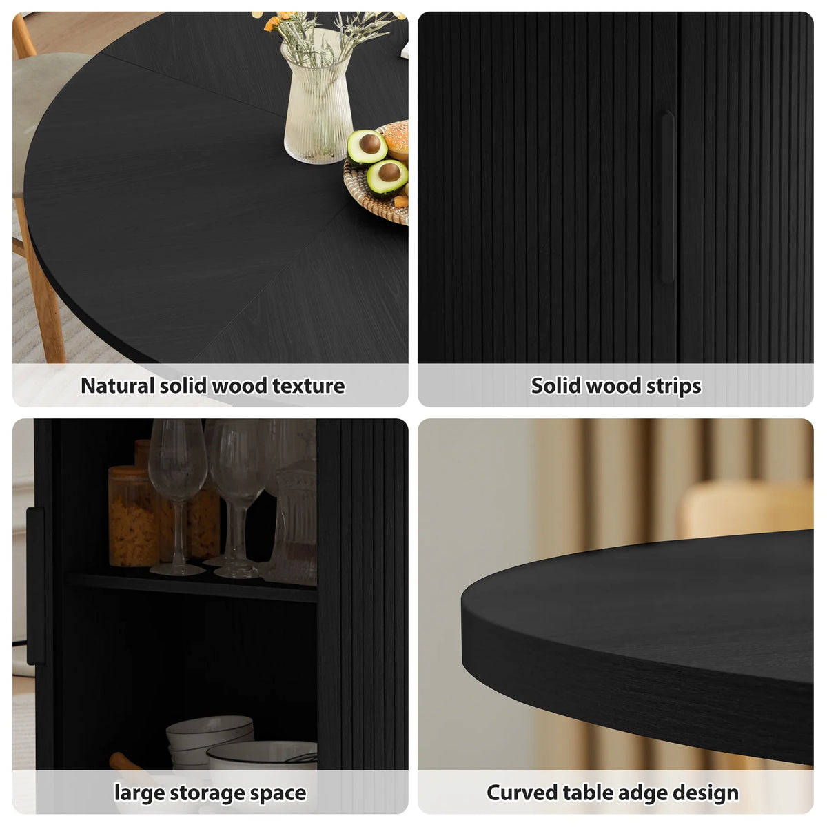 Wirrytor Round Dining Table, Modern Farmhouse Kitchen Table, 47 Inch Coffee Circle Dining Tables with Wood Strip Base for Kitchen Living Room, Black
