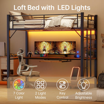 Lofka Twin Loft Bed with L-Shaped Desk, RGB Lights & Charging Station, 400lb Capacity Metal Frame, 3 Shelves & 2 Drawers, Easy Assembly��White