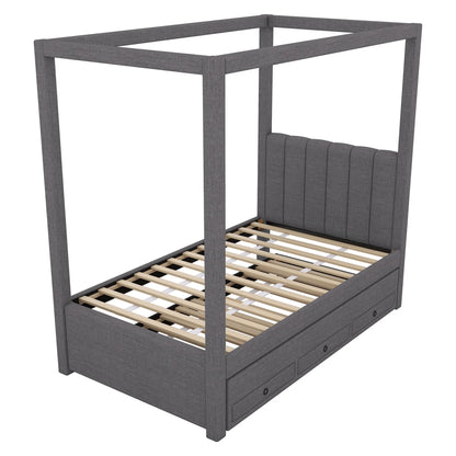 Harper & Bright Designs Twin Size Upholstery Canopy Platform Bed with Trundle and 3 Storage Drawers, Captain Platform Bed Frame with 4-Poster Canopy Roof, Beige