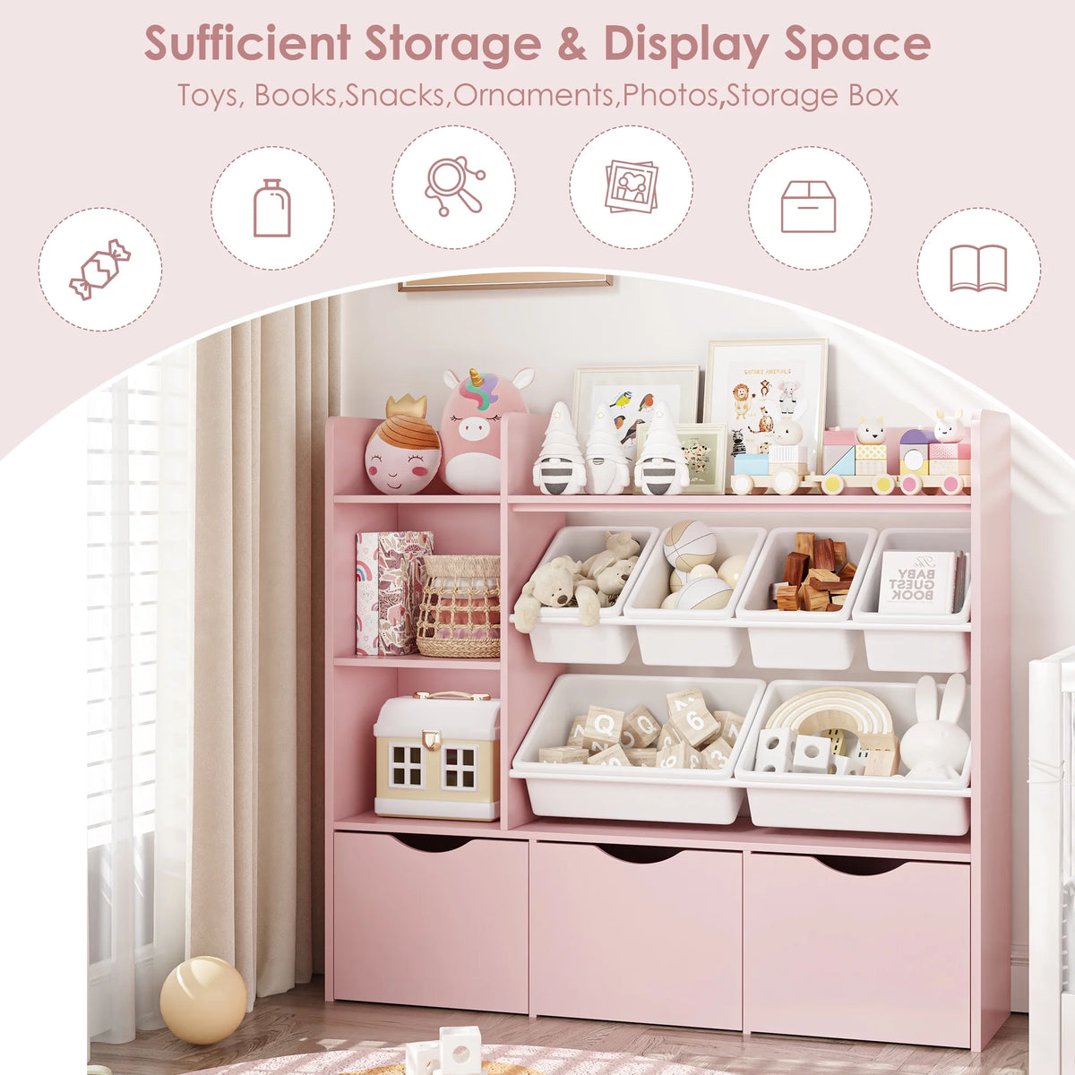 Homfa Kids Bookcase with 6 Storage Bins, Multi-Purpose Toy Organizers Bookshelf with 3 Drawers for Bedroom Nursery Playroom, White