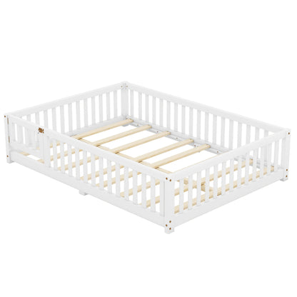 Bellemave Full Size Floor Bed with Door and Fence Floor Bed with Bed Slats Sturdy Wood Floor Bed Montessori Bed Frame (Full, Pink)