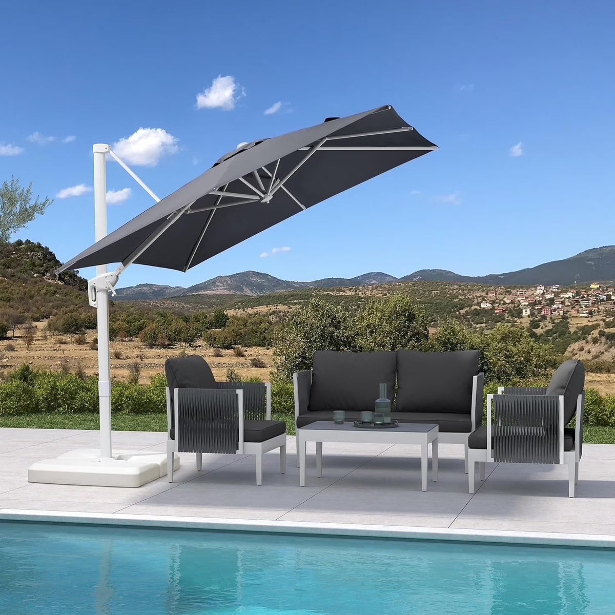 PURPLE LEAF 9 �� 11.5 FT Patio Umbrella White Cantilever Offset Umbrella Rectangle Outdoor Umbrella with 360�� Rotation for Garden Deck Pool, Beige