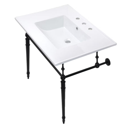 Kingston Brass KVPB31227W8PN Edwardian 31" Ceramic Console Sink with Brass Legs (8-Inch, 3-Hole), White/Polished Nickel