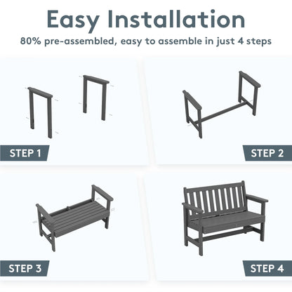 SERWALL Outdoor Bench for 2-Person, Weather-Resistant HDPE with Aluminum Reinforcement, Supports 660 lbs, Comfortable Seating for Patio, Garden, and Porch, Black