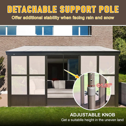 TOTAL Outdoor 10'x12' All-Season Sunroom Gazebo with Steel Roof, PVC Screen, Front & Side Door, Brown